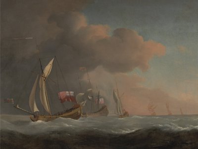 Yacht reali inglesi in mare con forte brezza, in compagnia di una nave che sventola lo stendardo reale da Willem van de Velde the Younger